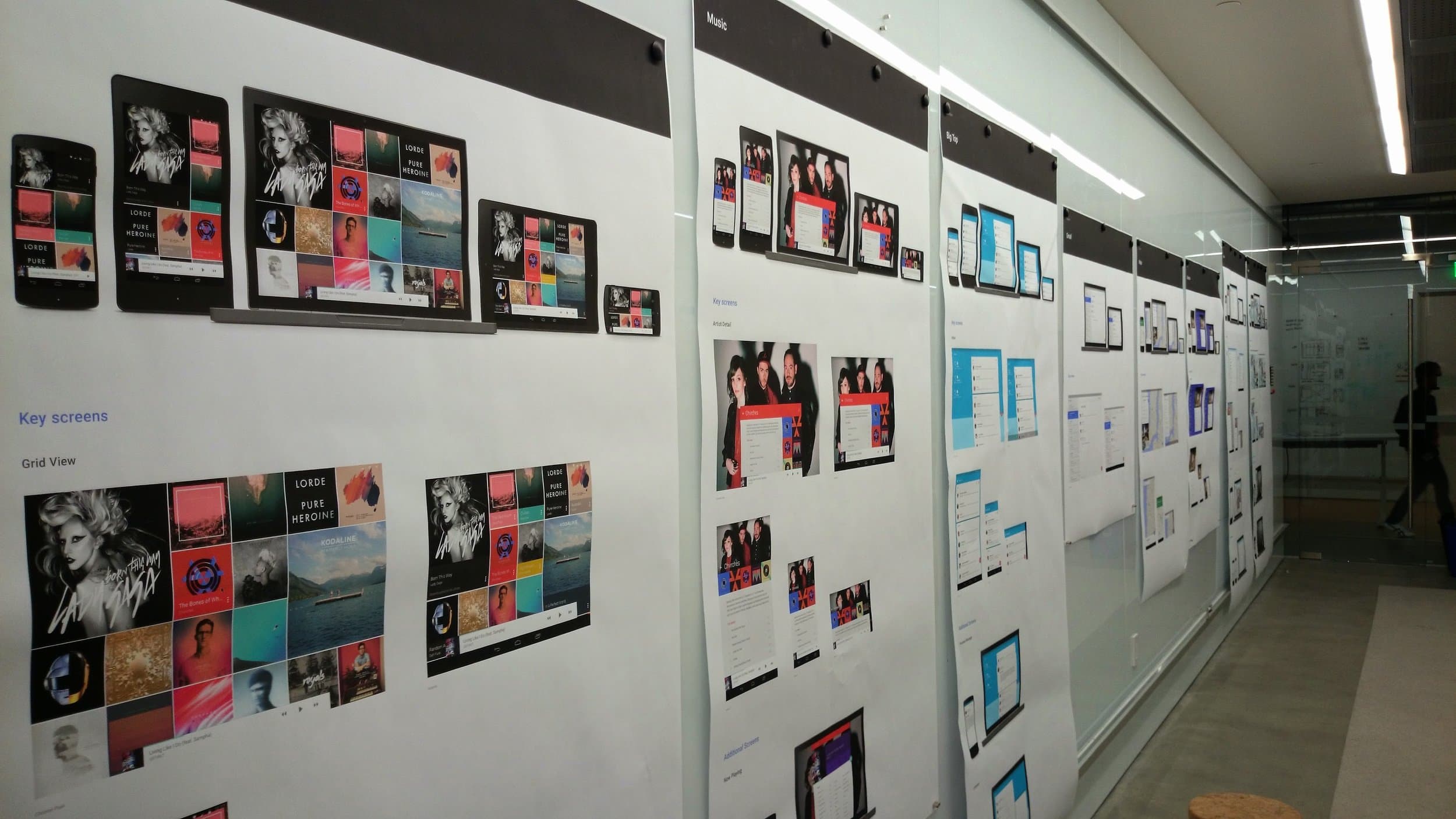 Material Design screen explorations on design wall